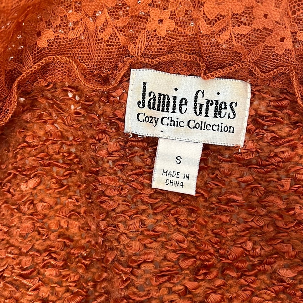 Jamie Gries burnt orange  boho sweater cardigan lace & ruffle trim size small - Picture 10 of 13